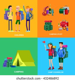 Vector Illustration Of Kids Summer Camp. Vector Characters  Counselor And Children. Camping Banner And Icon