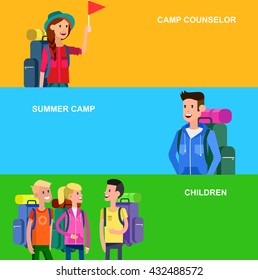 Vector Illustration Of Kids Summer Camp. Vector Characters Counselor And Children. Camping Banner And Icon