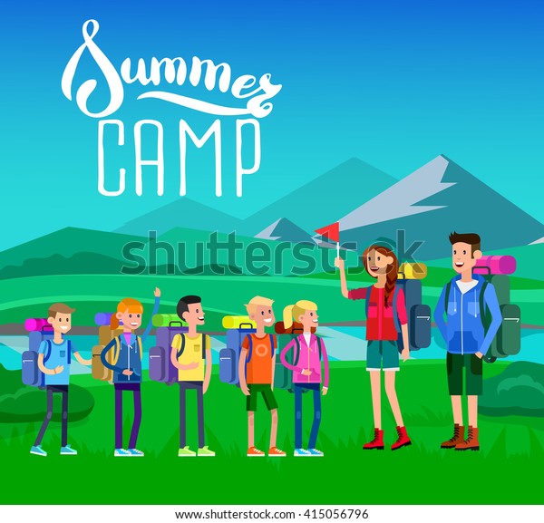 vector\
illustration of kids summer camp. Vector characters  counselor and\
children. Camping banner and beautiful\
landscape