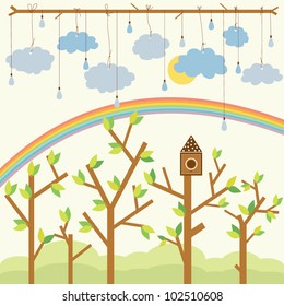 Vector illustration for kids of a summer forest with rainbow and clouds