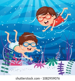 Vector Illustration Of Kids Swimming Underwater Vector Illustration Of Kids Swimming Underwater