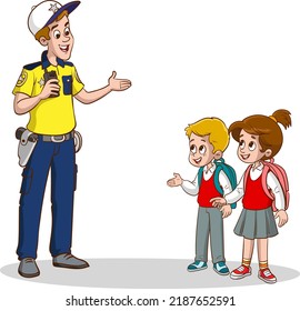 vector illustration of kids talking to traffic police