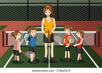 A vector illustration of kids in a tennis club with the instructor