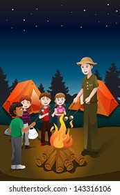 A Vector Illustration Of Kids And Their Counselor Having A Bonfire In A Summer Camp