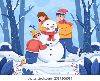 Vector illustration Kids and their father come together to build a snowman, creating memories filled with joy and laughter. This captures the essence of family bonding and the warmth on snowy days.