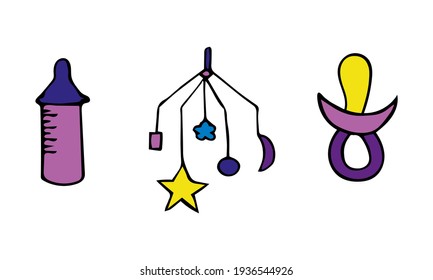 Vector illustration with kids toys, mechanical musical toy and feeding bottle. Color set of hand drawn icons and symbols for print, poster, sticker, card design. Doodle design elements. 