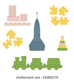 Vector illustration kids toys objects: train, puzzle, rocket, pyramid, blocks. Design element for postcard, banner, flyer or print. 