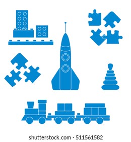 Vector illustration kids toys objects: train, puzzle, rocket, pyramid, blocks. Design element for postcard, banner, flyer or print. 