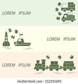 Vector illustration kids toys objects: train, puzzle, rocket, boat, cars. Design element for postcard, banner, flyer or print. 