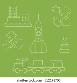 Vector illustration kids toys objects: train, puzzle, rocket, pyramid, blocks. Design element for postcard, banner, flyer or print. 