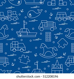 Vector illustration kids toys objects: train, puzzle, designer, boat, car, whale and other. Design element for postcard, banner, flyer, invitations, textiles or print. 