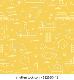 Vector illustration kids toys objects: train, puzzle, designer, boat, car, whale and other. Design element for postcard, banner, flyer, invitations, textiles or print. 
