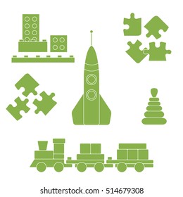 Vector illustration kids toys objects: train, puzzle, rocket, pyramid, blocks. Design element for postcard, banner, flyer or print. 