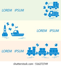 Vector illustration kids toys objects: train, puzzle, rocket, boat, cars. Design element for postcard, banner, flyer or print. 