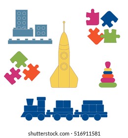Vector illustration kids toys objects: train, puzzle, rocket, pyramid, blocks. Design element for postcard, banner, flyer or print. 