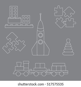 Vector illustration kids toys objects: train, puzzle, rocket, pyramid, blocks. Design element for postcard, banner, flyer or print. 