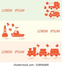 Vector illustration kids toys objects: train, puzzle, rocket, boat, cars. Design element for postcard, banner, flyer or print. 