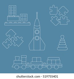 Vector illustration kids toys objects: train, puzzle, rocket, pyramid, blocks. Design element for postcard, banner, flyer or print. 