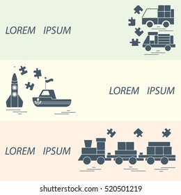 Vector illustration kids toys objects: train, puzzle, rocket, boat, cars. Design element for postcard, banner, flyer or print. 