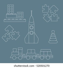 Vector illustration kids toys objects: train, puzzle, rocket, pyramid, blocks. Design element for postcard, banner, flyer or print. 