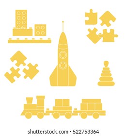 Vector illustration kids toys objects: train, puzzle, rocket, pyramid, blocks. Design element for postcard, banner, flyer or print. 