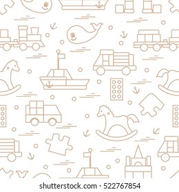 Vector illustration kids toys objects: train, puzzle, designer, boat, car, whale and other. Design element for postcard, banner, flyer, invitations, textiles or print. 