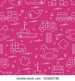 Vector illustration kids toys objects: train, puzzle, designer, boat, car, whale and other. Design element for postcard, banner, flyer, invitations, textiles or print. 