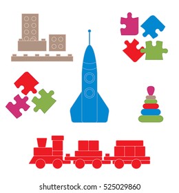 Vector illustration kids toys objects: train, puzzle, rocket, pyramid, blocks. Design element for postcard, banner, flyer or print. 