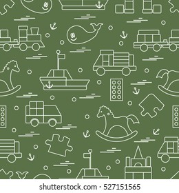 Vector illustration kids toys objects: train, puzzle, designer, boat, car, whale and other. Design element for postcard, banner, flyer, invitations, textiles or print. 