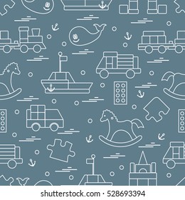 Vector illustration kids toys objects: train, puzzle, designer, boat, car, whale and other. Design element for postcard, banner, flyer, invitations, textiles or print. 