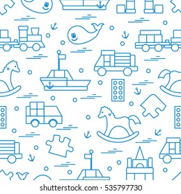 Vector illustration kids toys objects: train, puzzle, designer, boat, car, whale and other. Design element for postcard, banner, flyer, invitations, textiles or print. 