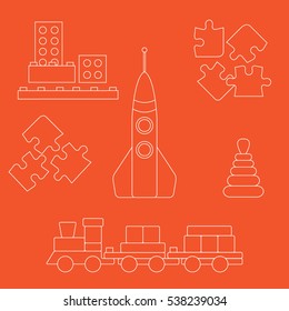 Vector illustration kids toys objects: train, puzzle, rocket, pyramid, blocks. Design element for postcard, banner, flyer or print. 