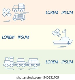 Vector illustration kids toys objects: train, puzzle, designer, boat, cars. Design element for postcard, banner, flyer or print.