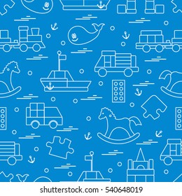 Vector illustration kids toys objects: train, puzzle, designer, boat, car, whale and other. Design element for postcard, banner, flyer, invitations, textiles or print. 