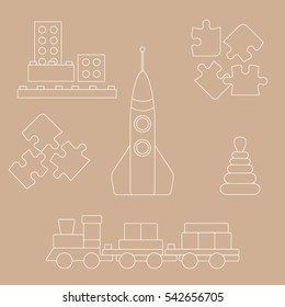 Vector illustration kids toys objects: train, puzzle, rocket, pyramid, blocks. Design element for postcard, banner, flyer or print. 
