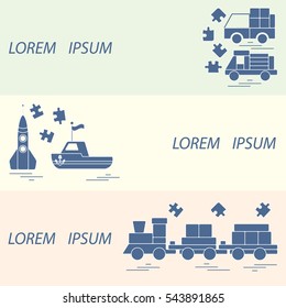Vector illustration kids toys objects: train, puzzle, rocket, boat, cars. Design element for postcard, banner, flyer or print. 