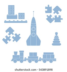 Vector illustration kids toys objects: train, puzzle, rocket, pyramid, blocks. Design element for postcard, banner, flyer or print. 