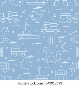 Vector illustration kids toys objects: train, puzzle, designer, boat, car, whale and other. Design element for postcard, banner, flyer, invitations, textiles or print. 