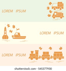 Vector illustration kids toys objects: train, puzzle, rocket, boat, cars. Design element for postcard, banner, flyer or print. 