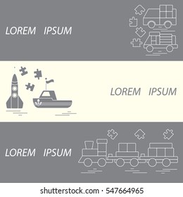 Vector illustration kids toys objects: train, puzzle, rocket, boat, cars. Design element for postcard, banner, flyer or print. 