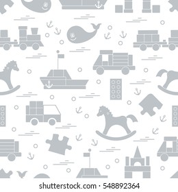 Vector illustration kids toys objects: train, puzzle, designer, boat, car, whale and other. Design element for postcard, banner, flyer, invitations, textiles or print. 