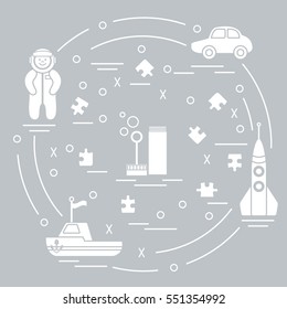 Vector illustration kids toys objects: astronaut, rocket, ship, car, puzzles and other. Design element for postcard, banner, flyer or print. 