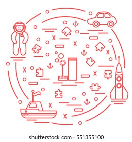 Vector illustration kids toys objects: astronaut, rocket, ship, car, puzzles and other. Design element for postcard, banner, flyer or print. 