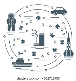 Vector illustration kids toys objects: astronaut, rocket, ship, car, puzzles and other. Design element for postcard, banner, flyer or print. 