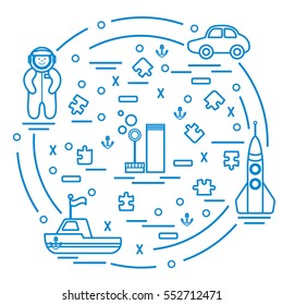 Vector illustration kids toys objects: astronaut, rocket, ship, car, puzzles and other. Design element for postcard, banner, flyer or print. 
