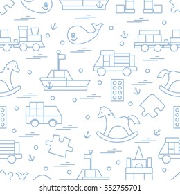 Vector illustration kids toys objects: train, puzzle, designer, boat, car, whale and other. Design element for postcard, banner, flyer, invitations, textiles or print. 