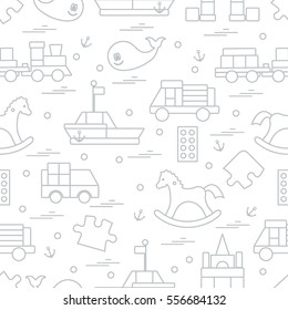 Vector illustration kids toys objects: train, puzzle, designer, boat, car, whale and other. Design element for postcard, banner, flyer, invitations, textiles or print. 
