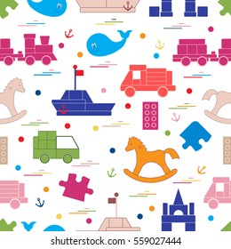 Vector illustration kids toys objects: train, puzzle, designer, boat, car, whale and other. Design element for postcard, banner, flyer, invitations, textiles or print. 