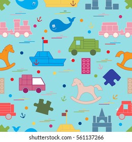 Vector illustration kids toys objects: train, puzzle, designer, boat, car, whale and other. Design element for postcard, banner, flyer, invitations, textiles or print. 