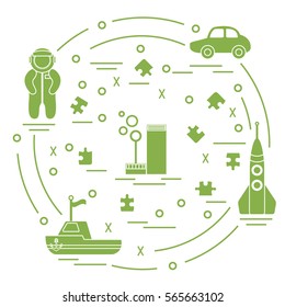 Vector illustration kids toys objects: astronaut, rocket, ship, car, puzzles and other. Design element for postcard, banner, flyer or print. 